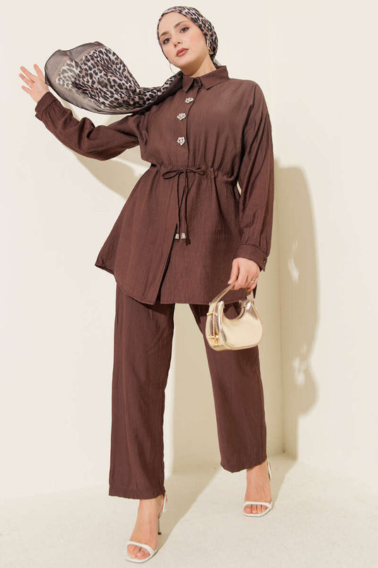 Ensemble tunique à ceinture avec pierres, deux pièces, couleur café