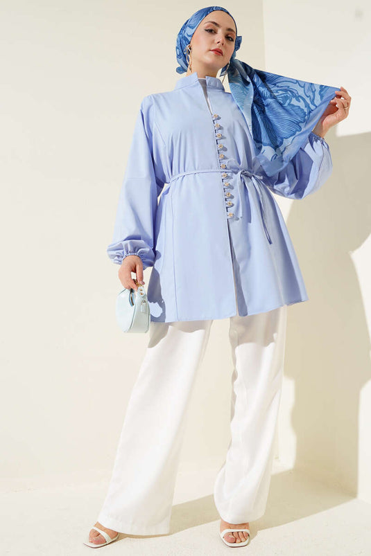 قميص تيريكوتون بأزرار من Stoned Brit أزرق ثلجي