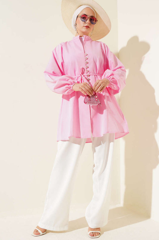 قميص تيريكوتون بأزرار من Stoned Brit باللون الوردي