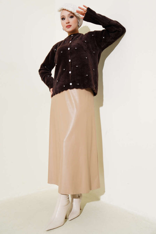 Stoned Flower Buttoned Bearded Cardigan Brown