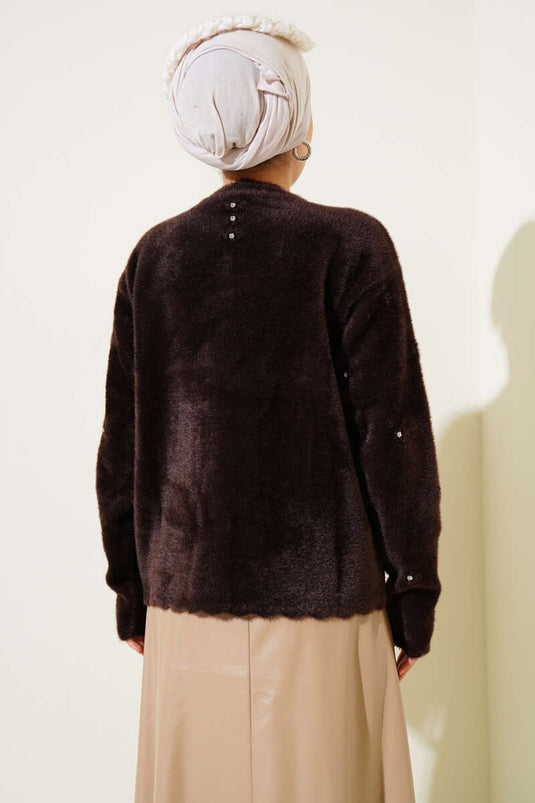 Stoned Flower Buttoned Bearded Cardigan Brown