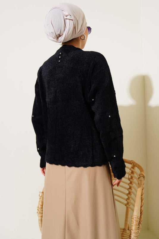 Stoned Flower Buttoned Bearded Cardigan Black