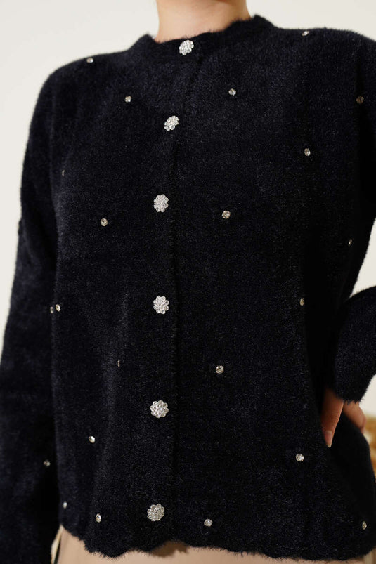 Stoned Flower Buttoned Bearded Cardigan Black