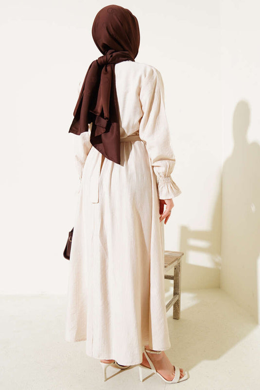 Stoned Lace Pocket Elastic Waist Dress Beige