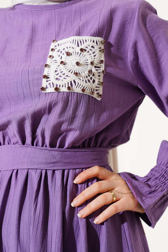 فستان من الدانتيل ذو جيوب وخصر مطاطي - أرجواني