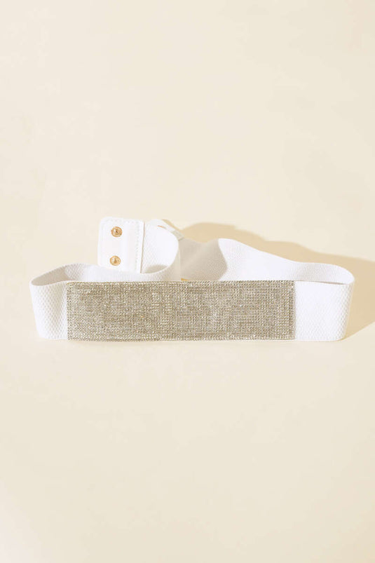 Stoned Leather Buckle Elastic Belt White