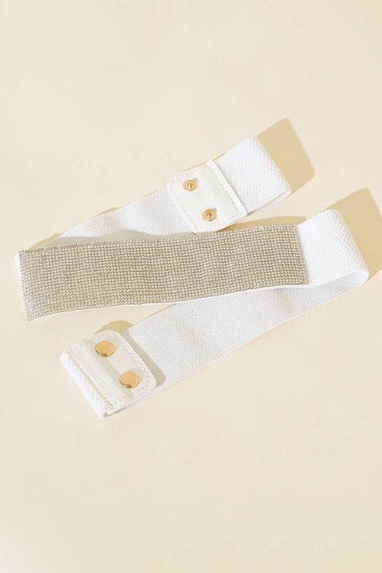 Stoned Leather Buckle Elastic Belt White