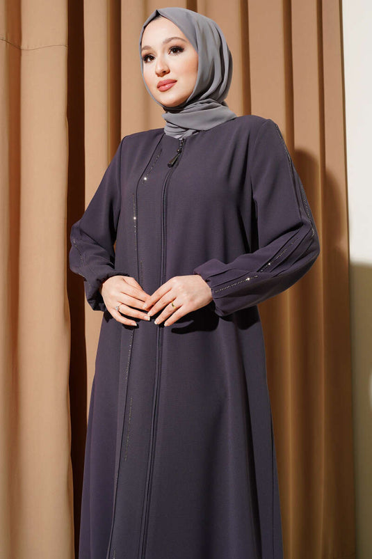 Abaya mit Schulterpolstern und Steinbesatz in Übergröße, Rauchfarbe