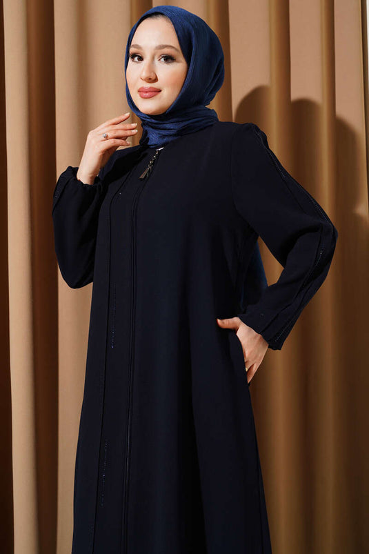 Abaya de talla grande con hombreras acolchadas y costuras de piedra en azul marino