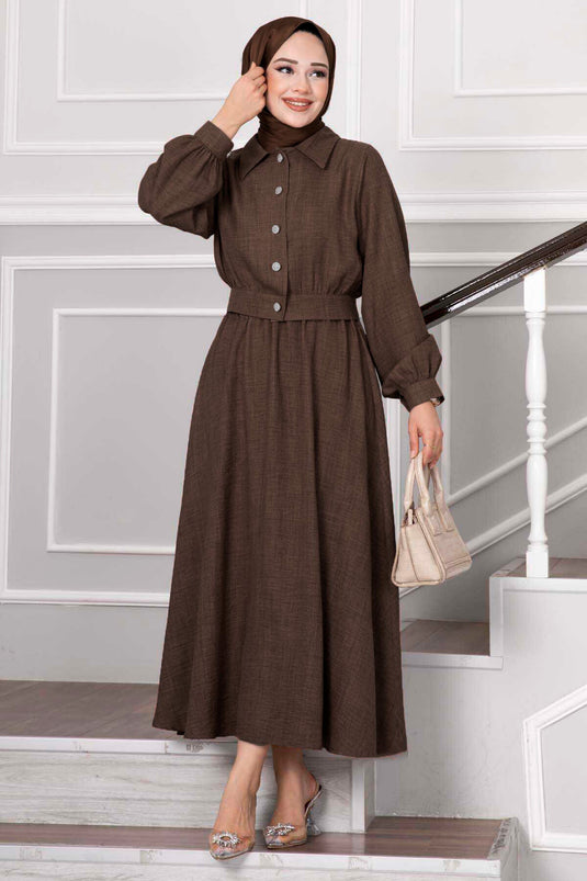 Taşlı Düğme Detaylı Etekli Takım Acı Kahve