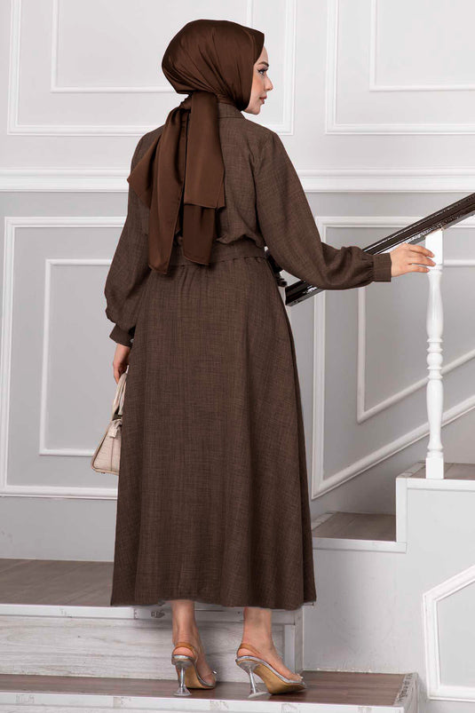 Taşlı Düğme Detaylı Etekli Takım Acı Kahve