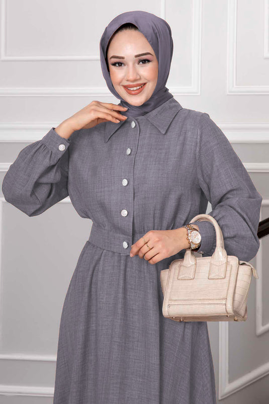 Stone Button Detailed Skirted Hijab Suit Gray
