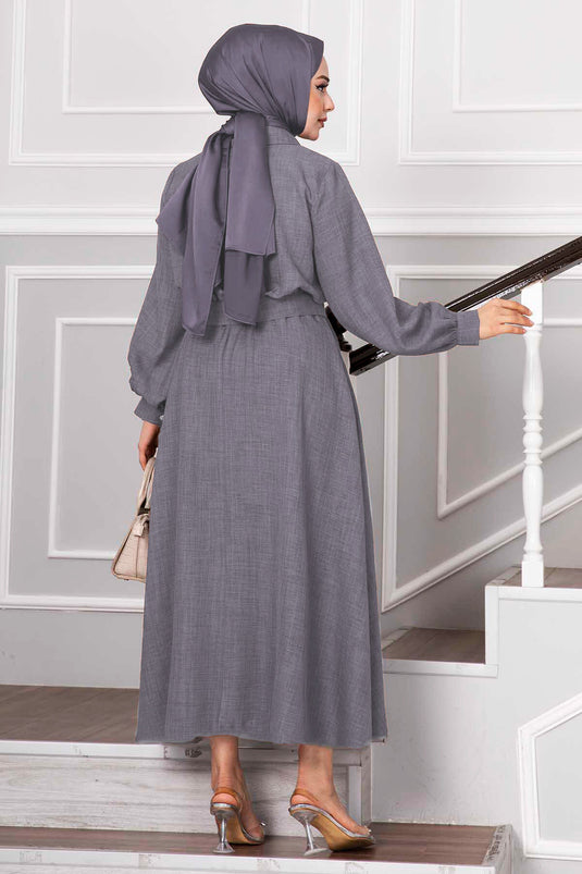 Stone Button Detailed Skirted Hijab Suit Gray