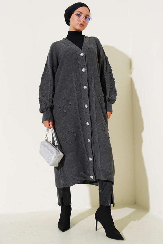 كارديجان محبوك بأزرار منقوش باللون الدخاني