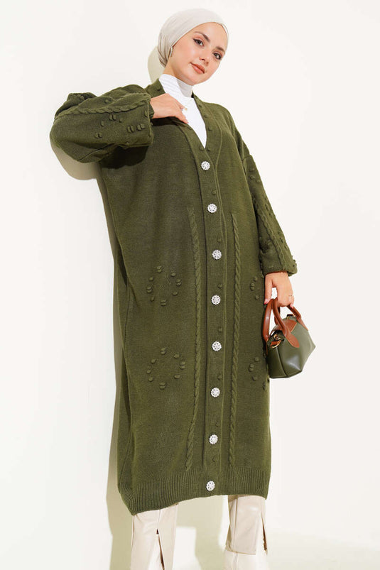 Stoned Buttoned Knitted Cardigan Khaki