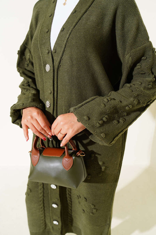 Stoned Buttoned Knitted Cardigan Khaki