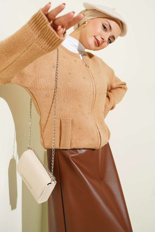 Stoned Zippered Short Knit Cardigan Camel