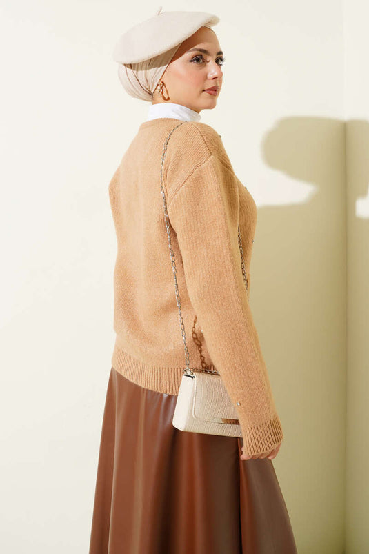 Stoned Zippered Short Knit Cardigan Camel
