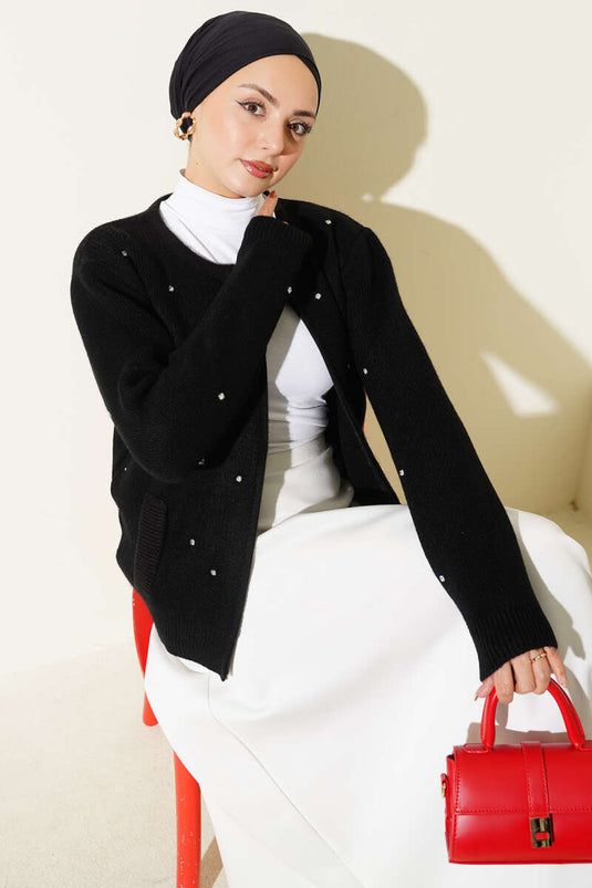 Stoned Zippered Short Knit Cardigan Black