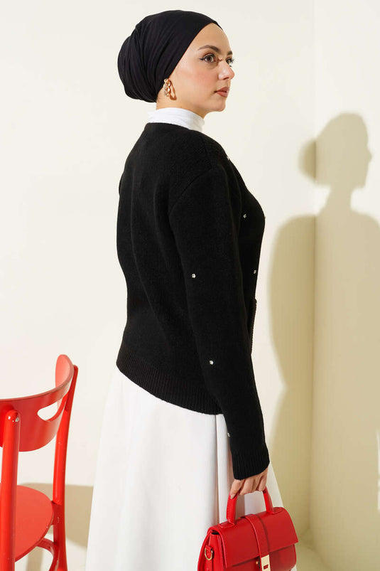 Stoned Zippered Short Knit Cardigan Black