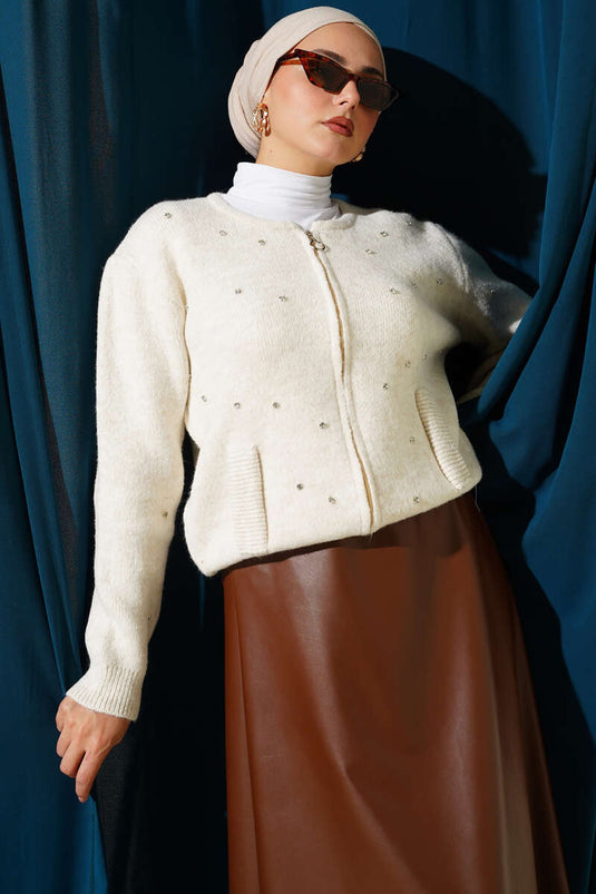 Stoned Zippered Short Knit Cardigan Stone