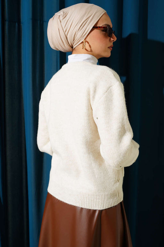 Stoned Zippered Short Knit Cardigan Stone