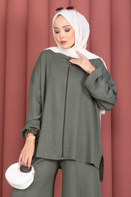 Taşlı Fermuarlı Tunik Pantolon İkili Takım Haki