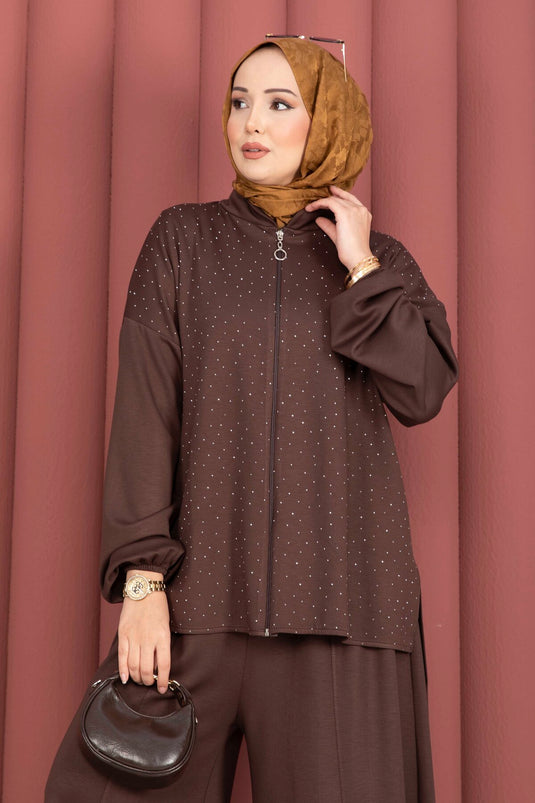 Taşlı Fermuarlı Tunik Pantolon İkili Takım Kahve