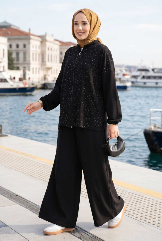 Taşlı Fermuarlı Tunik Pantolon İkili Takım Siyah