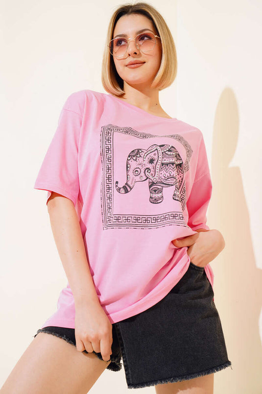 Taşlı Fil Baskılı T-shirt Pembe