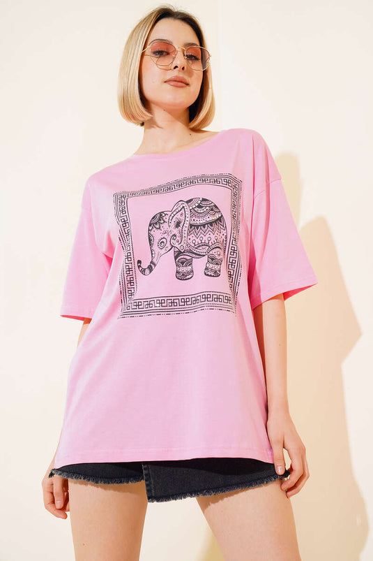 Taşlı Fil Baskılı T-shirt Pembe