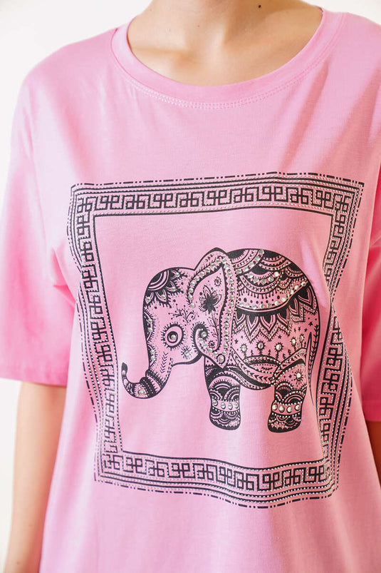 Taşlı Fil Baskılı T-shirt Pembe