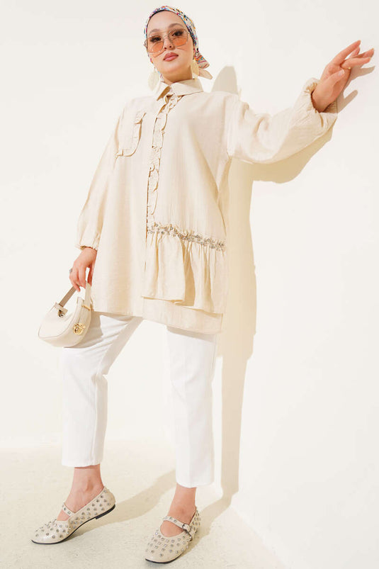 Taşlı Fırfırlı Gömlek Bej