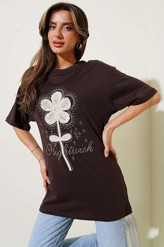 T-shirt en dentelle à fleurs avec strass, couleur café