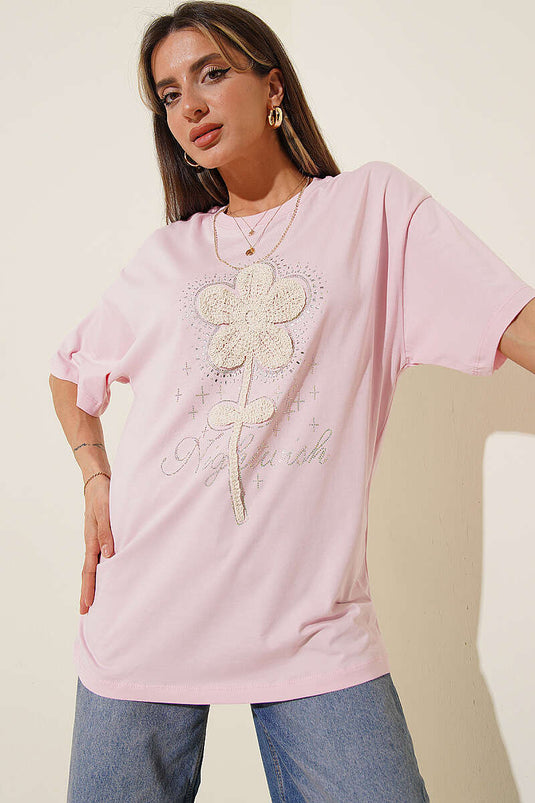 T-shirt rose à fleurs en guipure avec pierres