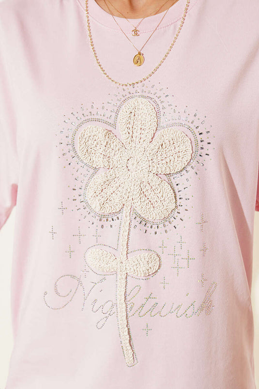 T-shirt rose à fleurs en guipure avec pierres