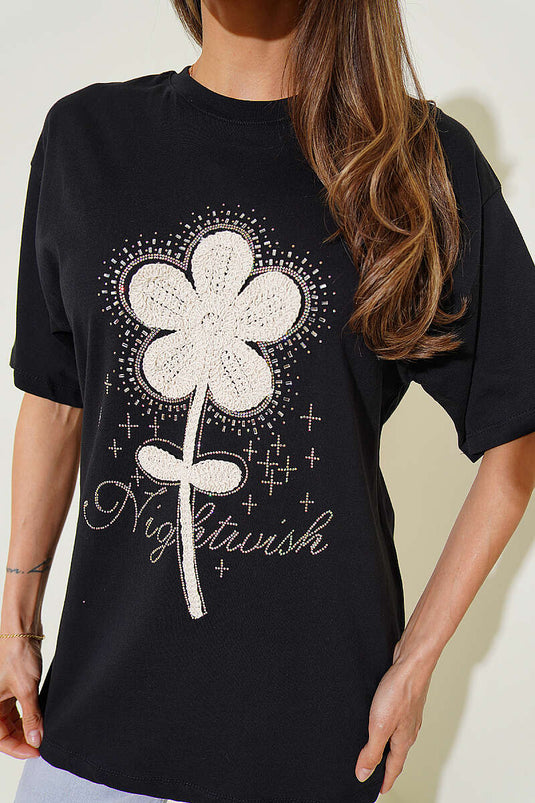 T-shirt noir à fleurs en guipure avec pierres
