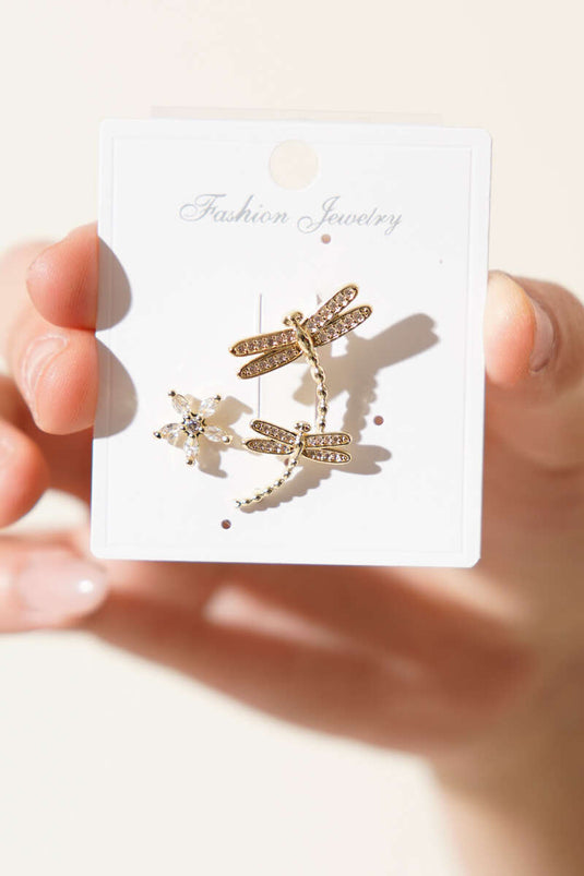 Taşlı İkili Yusufçuk ve Çiçek Görünümlü Kıkırdak Küpe Gold