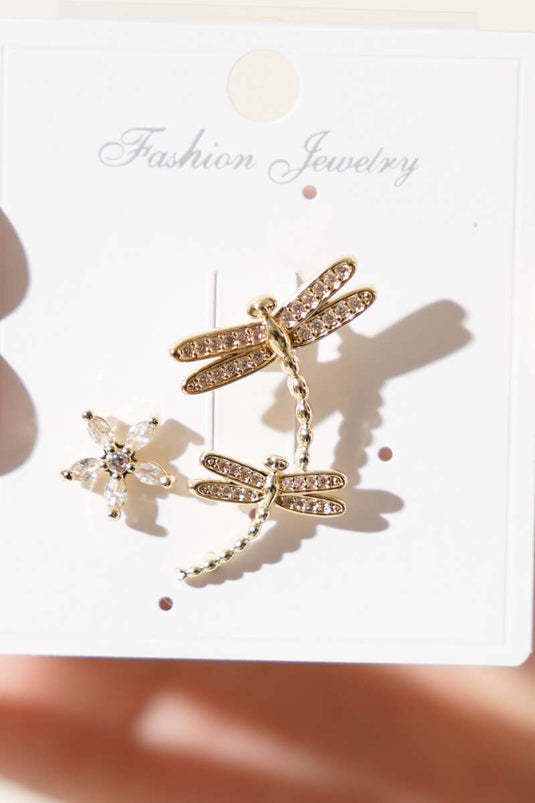 Taşlı İkili Yusufçuk ve Çiçek Görünümlü Kıkırdak Küpe Gold