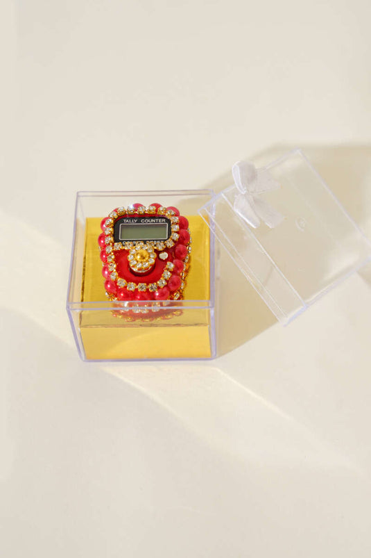 Red Tasbih Counter with Stones and Pearls