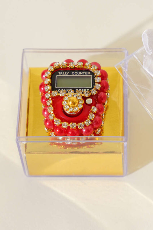 Red Tasbih Counter with Stones and Pearls