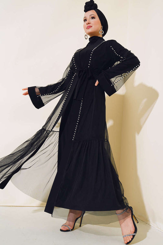 Stone Layered Tulle Abaya Black