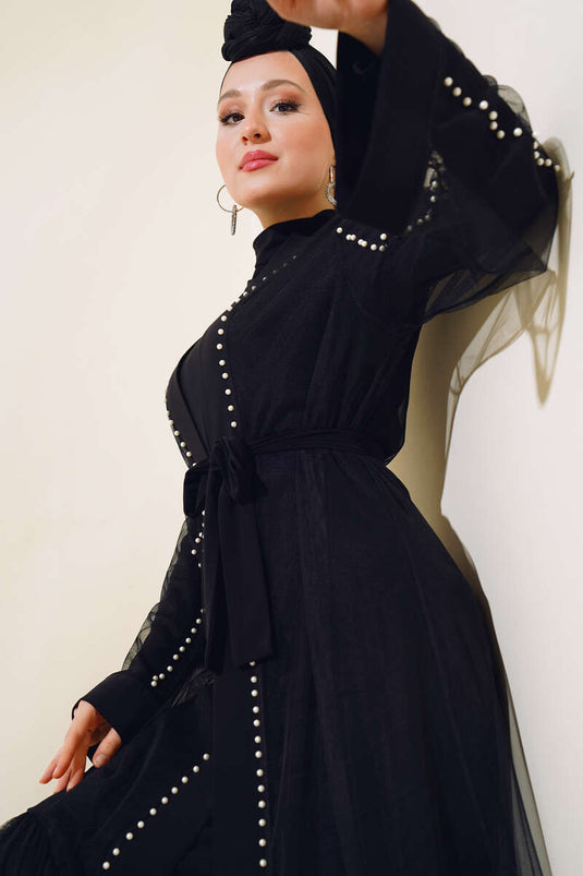 Stone Layered Tulle Abaya Black