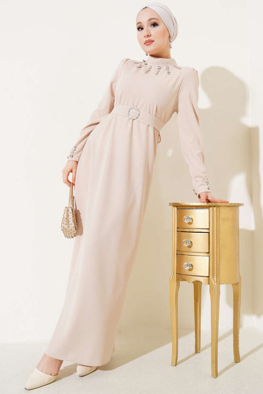 Taşlı Kemer Tokalı Elbise Bej