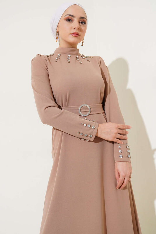 Stone Belt Buckle Dress Camel