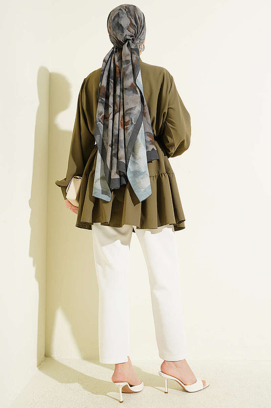 Schichtbluse mit steinbesetzter Gürtelschnalle, Khaki