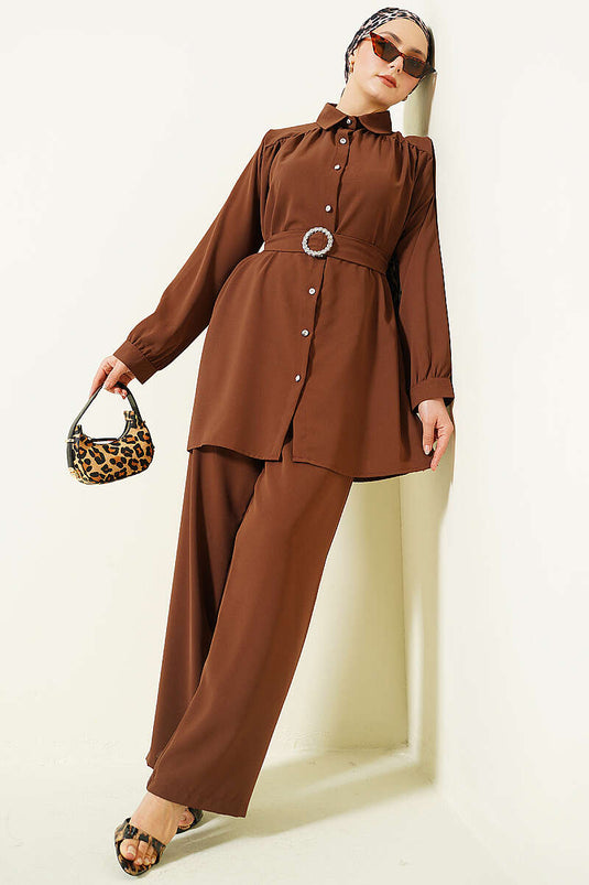 Two-Piece Set with Stone-Embellished Buckle Belt, Brown