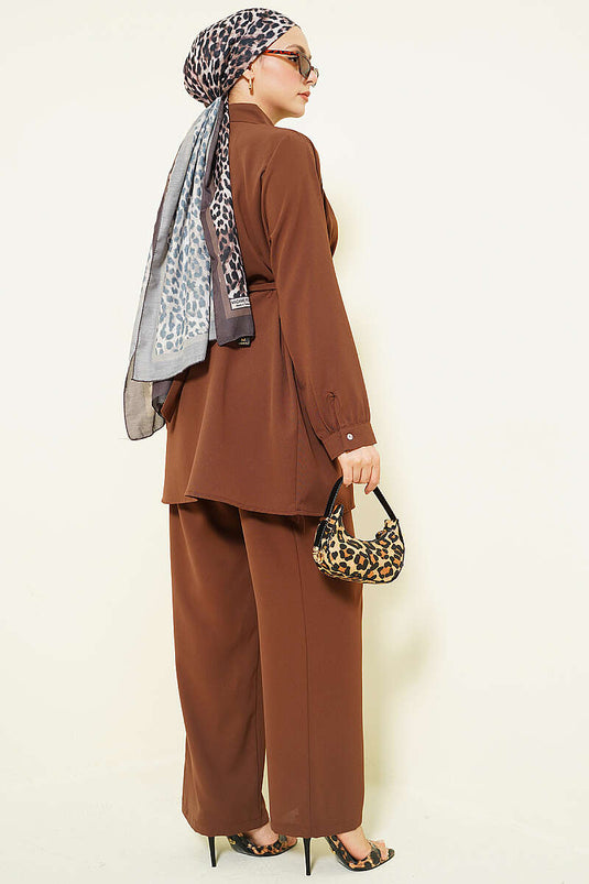 Two-Piece Set with Stone-Embellished Buckle Belt, Brown