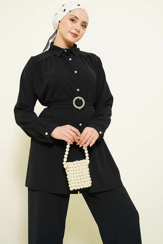Ensemble double ceinture à boucle avec ceinture ornée de pierres, noir