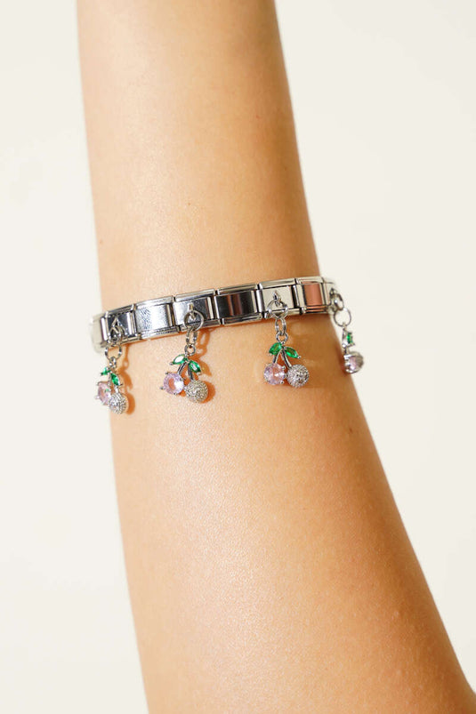 Taşlı Kiraz Charmlı İtalyan Bileklik Pembe